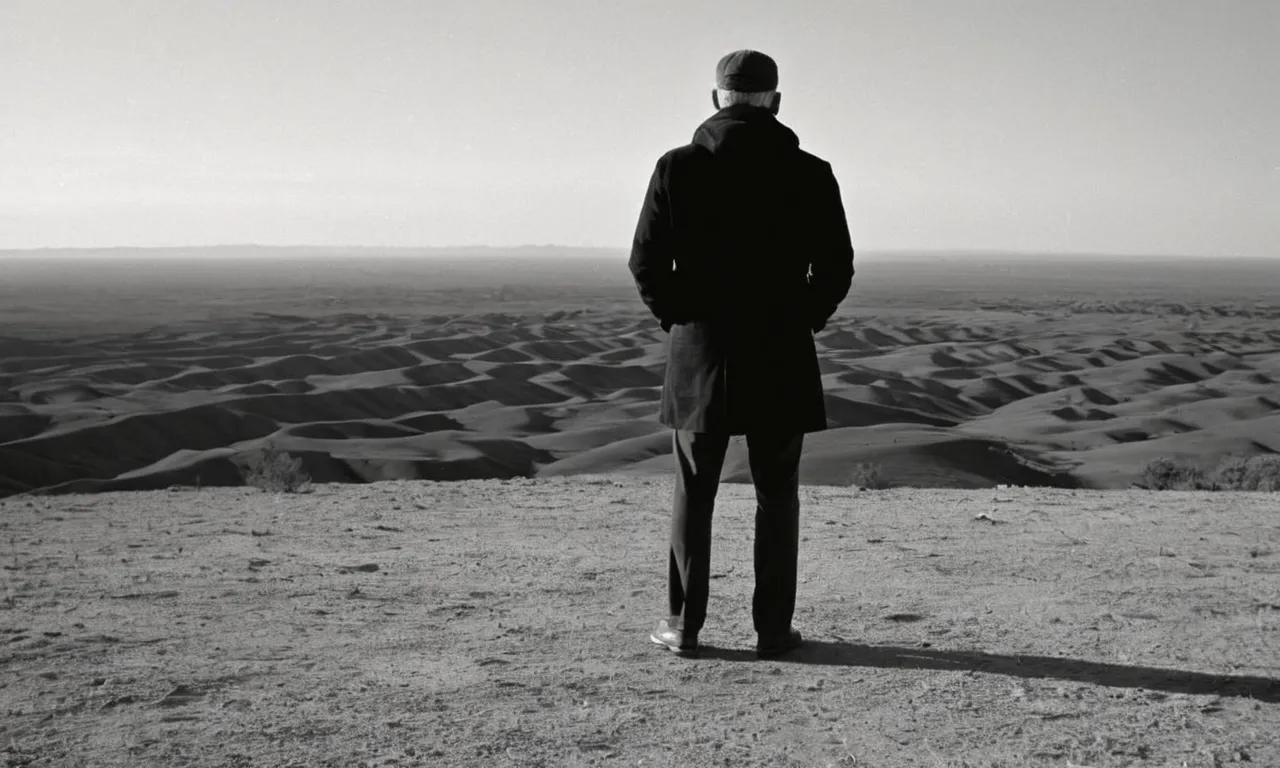 A thought-provoking black and white image of a person gazing at a vast horizon, a subtle hint of uncertainty in their eyes, capturing the essence of seeking one's god-given purpose.