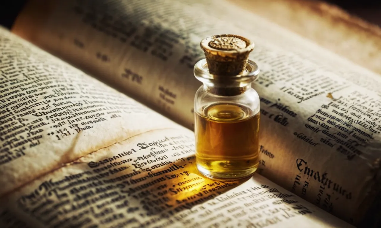 A close-up photo of an ancient vial, possibly containing nard, rests on a worn page of the Bible, highlighting the aromatic oil mentioned in biblical texts.