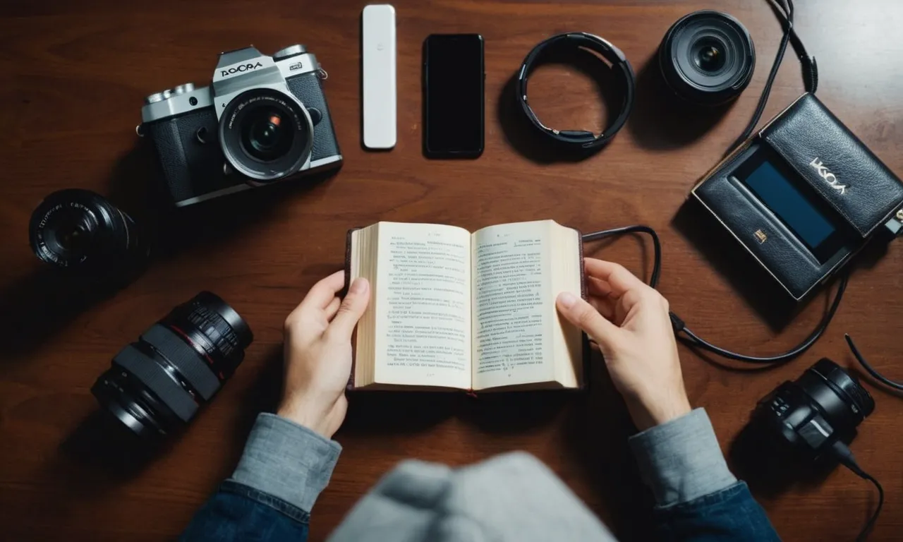 A photo of a person in casual attire holding a bible, surrounded by modern gadgets and distractions, symbolizing a superficial or nominal commitment to Christianity.