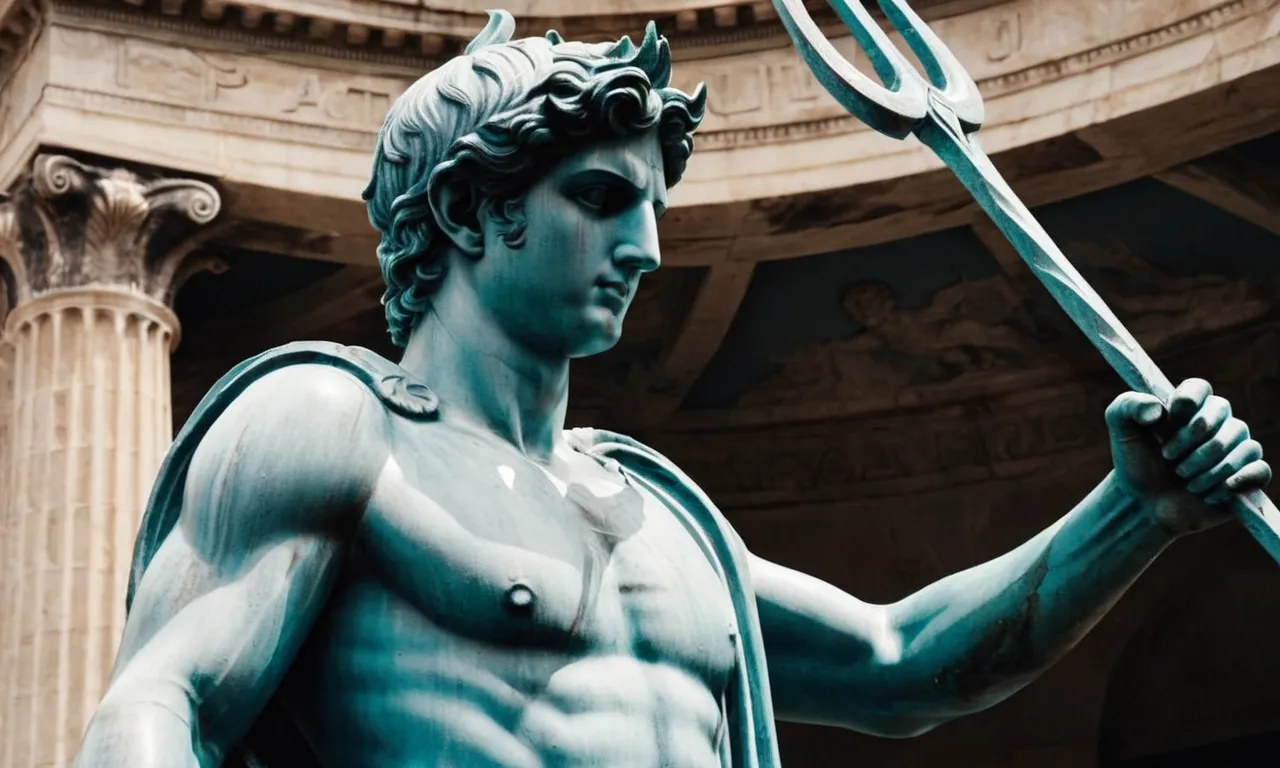 A close-up shot of a weathered, ancient Greek statue depicting Percy Jackson with a trident in hand, symbolizing his role as the god of the sea.