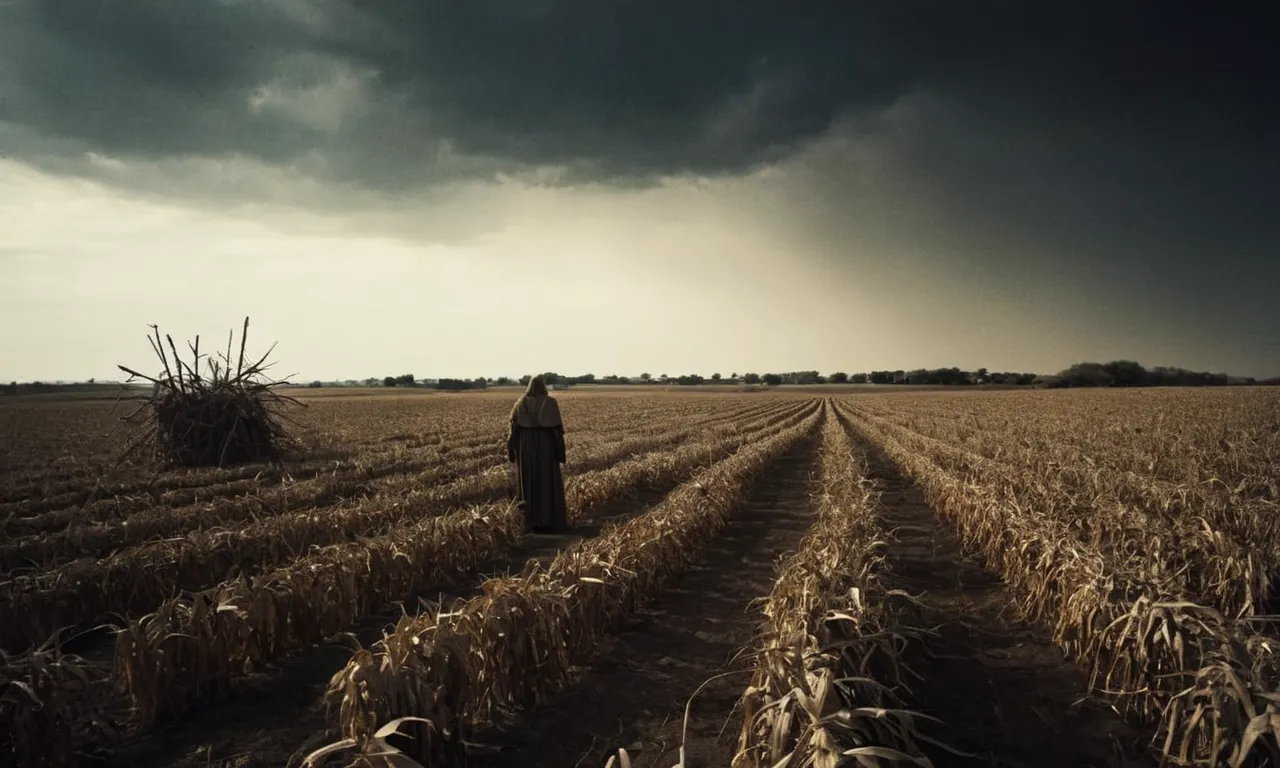 A haunting image capturing the desolation caused by pestilence in the Bible, featuring a dilapidated landscape with wilted crops and a solitary figure shrouded in darkness, symbolizing the devastating impact of disease.