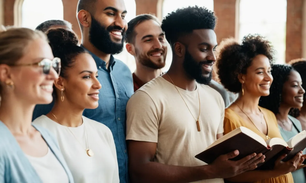 A photo capturing a diverse group of individuals, each holding a Bible, with expressions of humility and love, symbolizing pride in their faith and obedience to God's teachings.