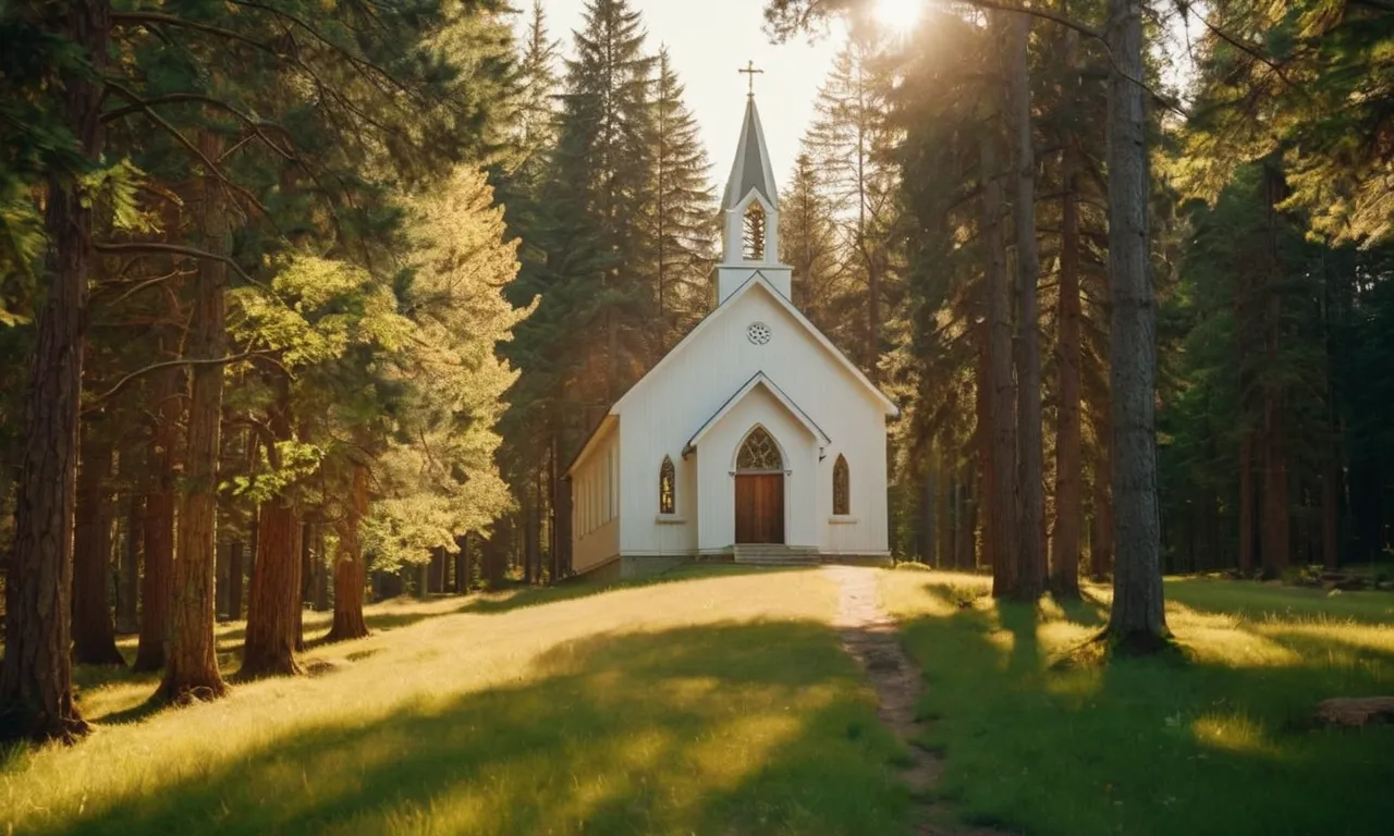 A serene photo captures a peaceful chapel nestled in a lush forest, bathed in golden sunlight, symbolizing a Christian retreat where believers seek solace, reflection, and spiritual rejuvenation.