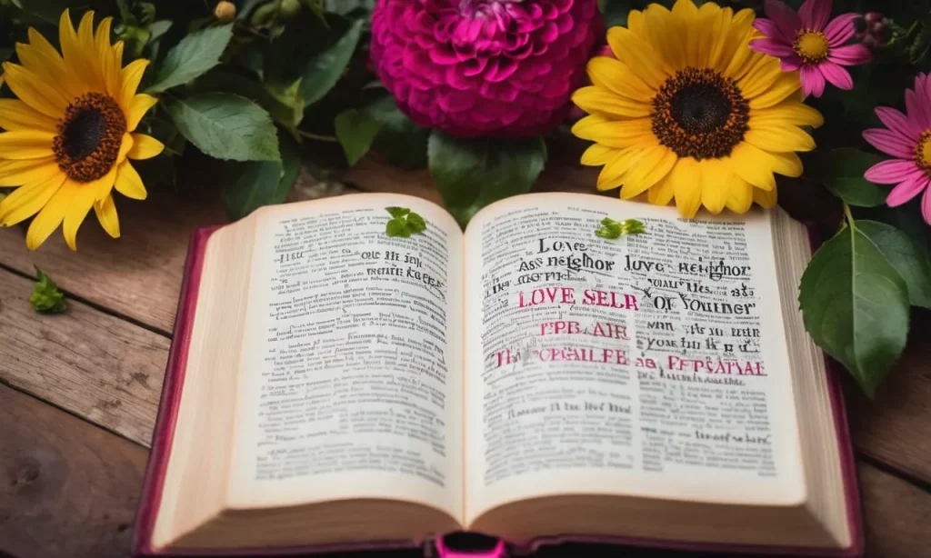A photo depicting an open Bible with the verse "Love your neighbor as yourself" highlighted, surrounded by vibrant flowers symbolizing self-love and acceptance.
