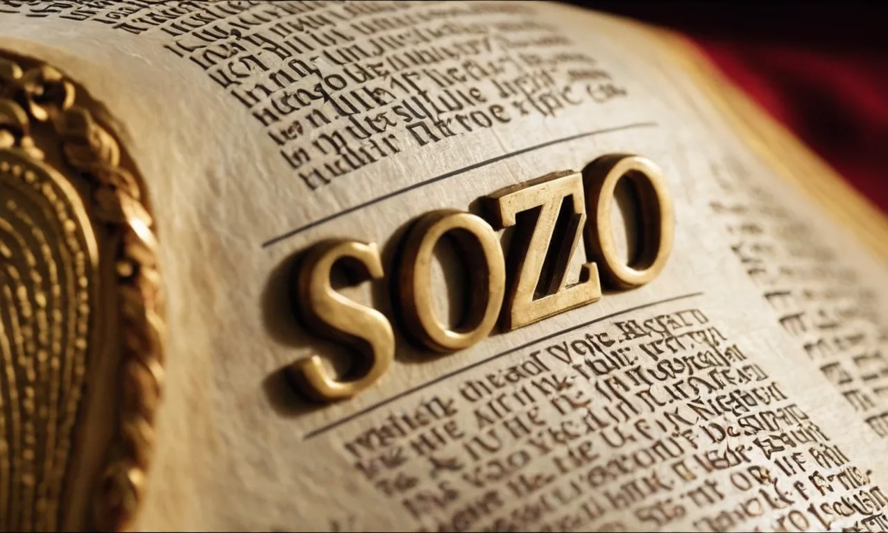 A close-up photograph of an ancient scripture, highlighting the word "Sozo" in bold, capturing the essence of its significance in the Bible.