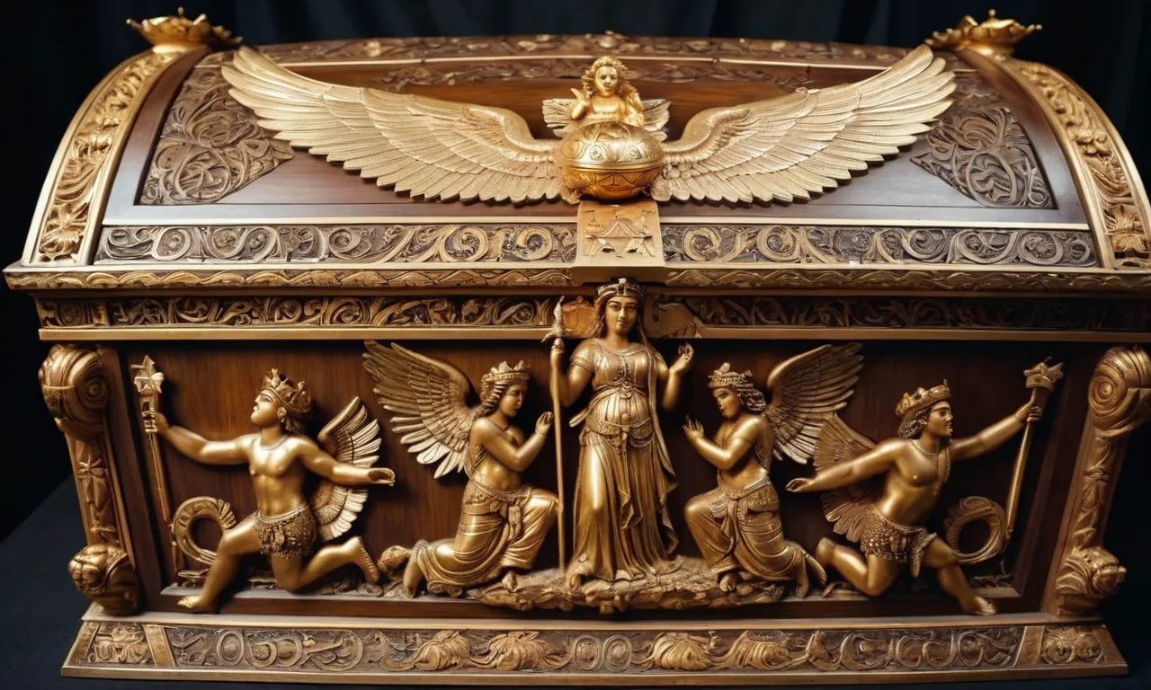A photo capturing a wooden chest, covered in intricate carvings and adorned with golden cherubim, symbolizing the Ark of God as mentioned in 1 Samuel.