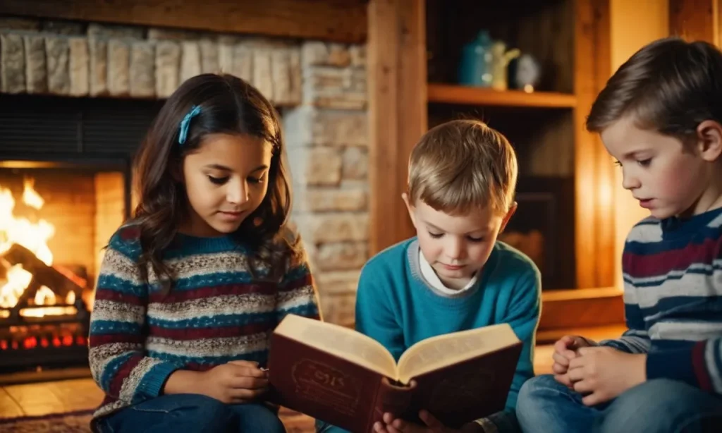 A captivating photo capturing children's innocent expressions while gathered around a cozy fireplace, engrossed in a beautifully illustrated Bible, truly reflecting the joy and curiosity of discovering the best children's Bible.