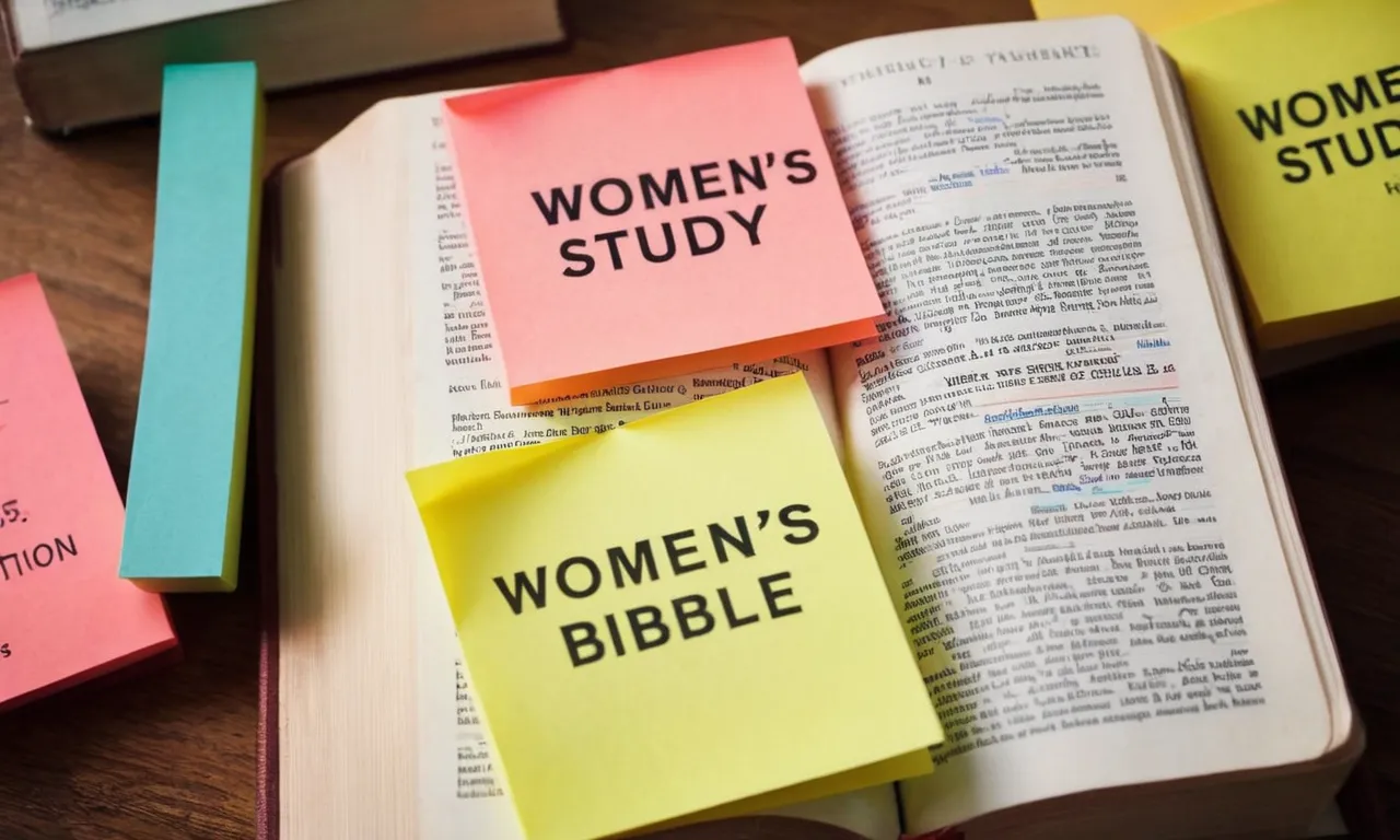 A close-up photo of a worn-out Bible with the title "Women's Study Bible" prominently displayed on its cover, surrounded by colorful sticky notes and underlined verses, showcasing a woman's dedication to studying and understanding the Word of God.
