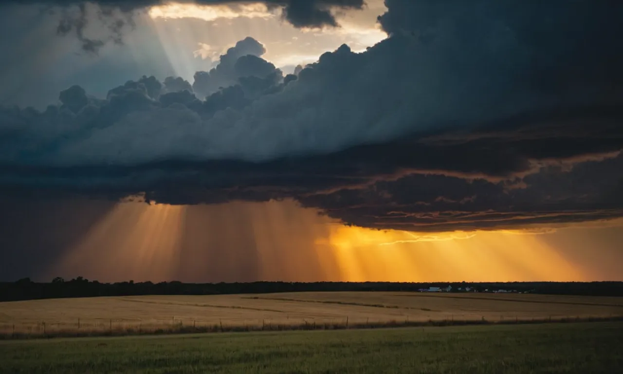 A photo capturing a golden sunrise breaking through dark storm clouds, symbolizing God's faithfulness as His light dispels darkness and brings hope and new beginnings.