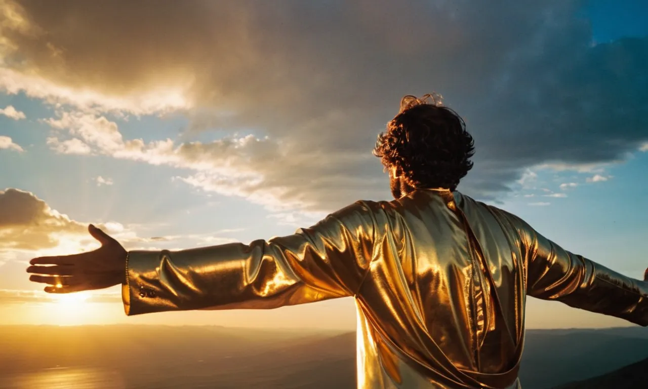 A photo of a majestic sunset casting a golden glow upon a solitary figure, with hands outstretched to the heavens, symbolizing the favor of God showered upon them.