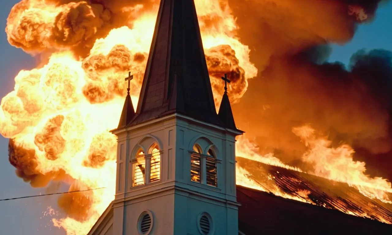A mesmerizing photo capturing a radiant sunset, casting a golden glow over a church steeple engulfed in flames, symbolizing the divine power and intensity of the fire of God.