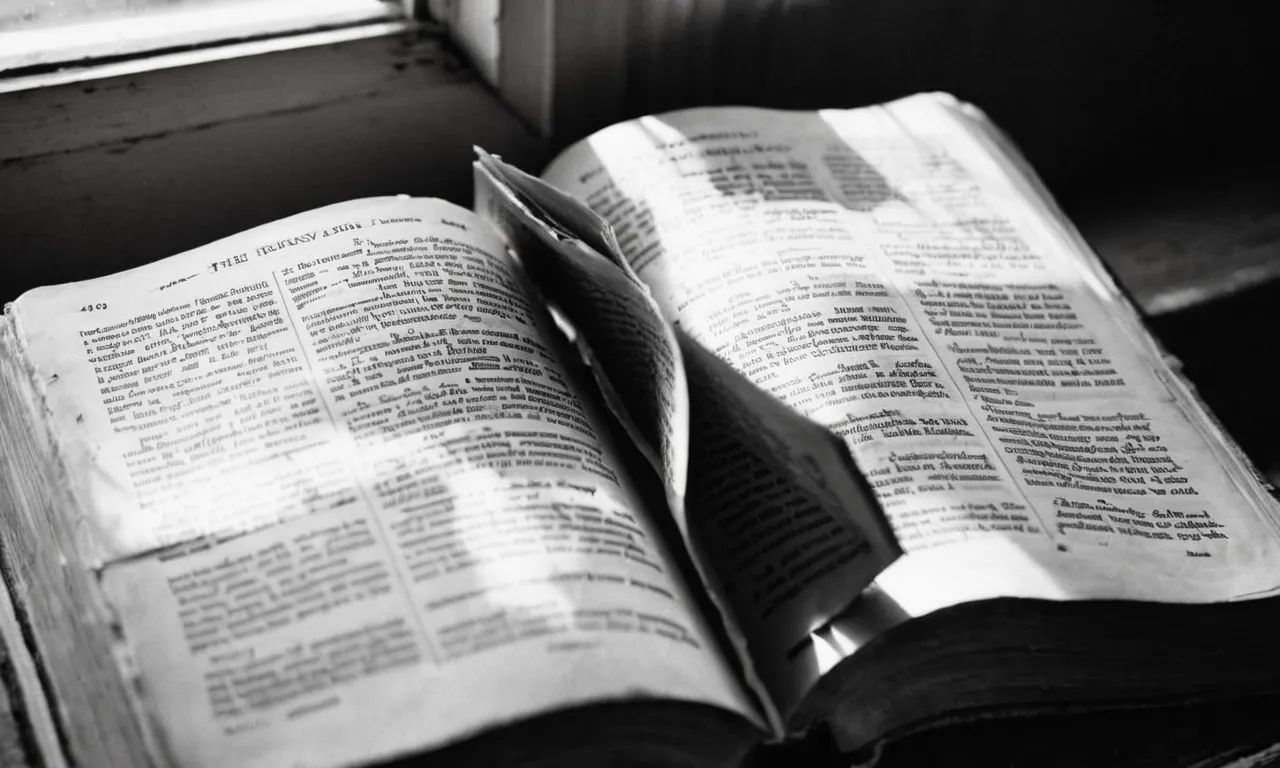 A black and white photo capturing a worn-out Bible open to the page of Genesis, with sunlight streaming through the window, highlighting the words "In the beginning" - symbolizing the first day of the week.