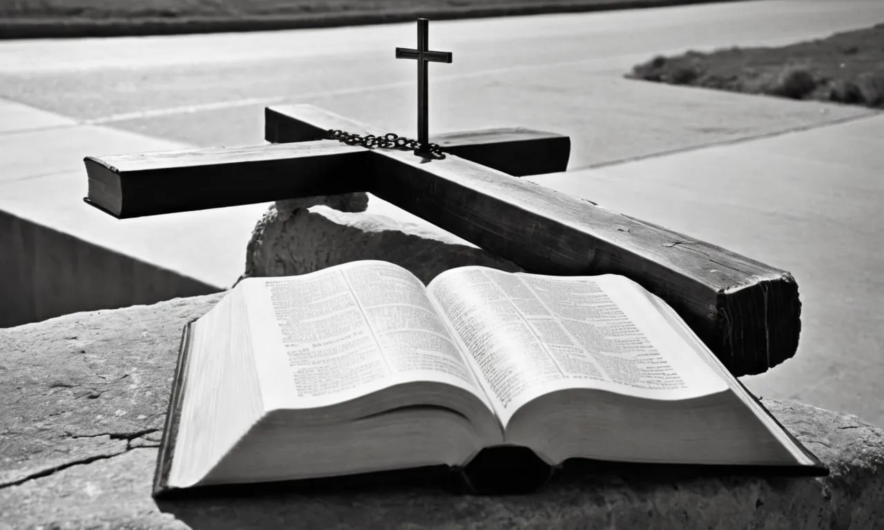 A black and white photo capturing a Bible resting on a weathered cross, symbolizing the sacred text and the crucifixion as the foundational pillars of Christianity.