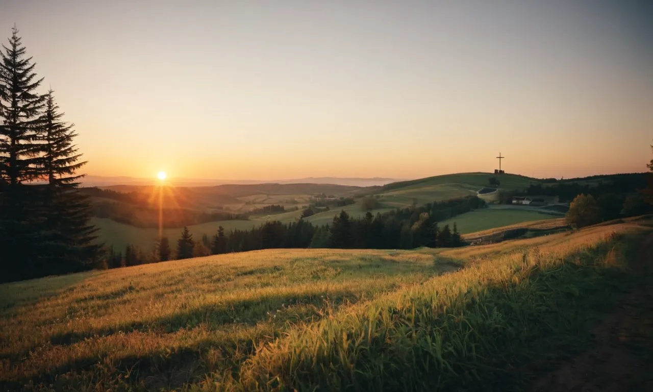 A photo of a radiant sunrise over a serene landscape, symbolizing the hope and joy brought by the good news of Jesus Christ's love, forgiveness, and eternal salvation.