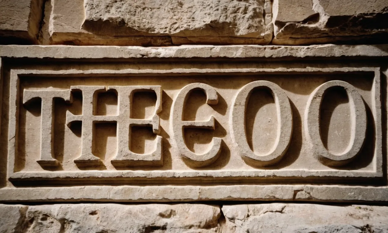 A close-up shot of an ancient Greek inscription on a weathered stone tablet, revealing the word "Theos" in beautifully carved letters, representing the Greek word for god.