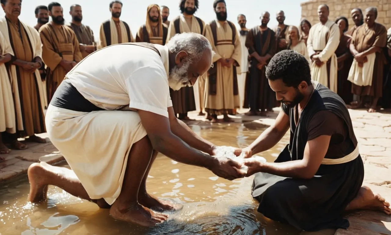 A photo of a humble servant washing the feet of others, capturing the essence of selfless love and servanthood, depicting the highest calling in the Bible.