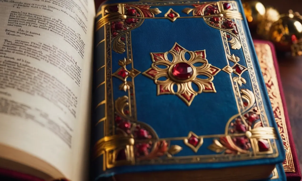 A close-up shot capturing the exquisite hand-painted details of a beautifully illuminated Bible, with vibrant colors and intricate gold leaf embellishments.