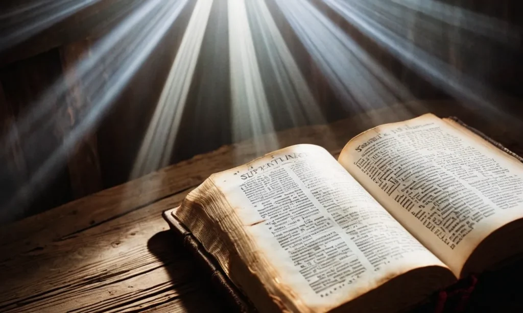A photo of an ancient, weathered Bible open to a page with the word "supernatural" highlighted, surrounded by ethereal beams of light, evoking the mysterious and divine essence found within its pages.
