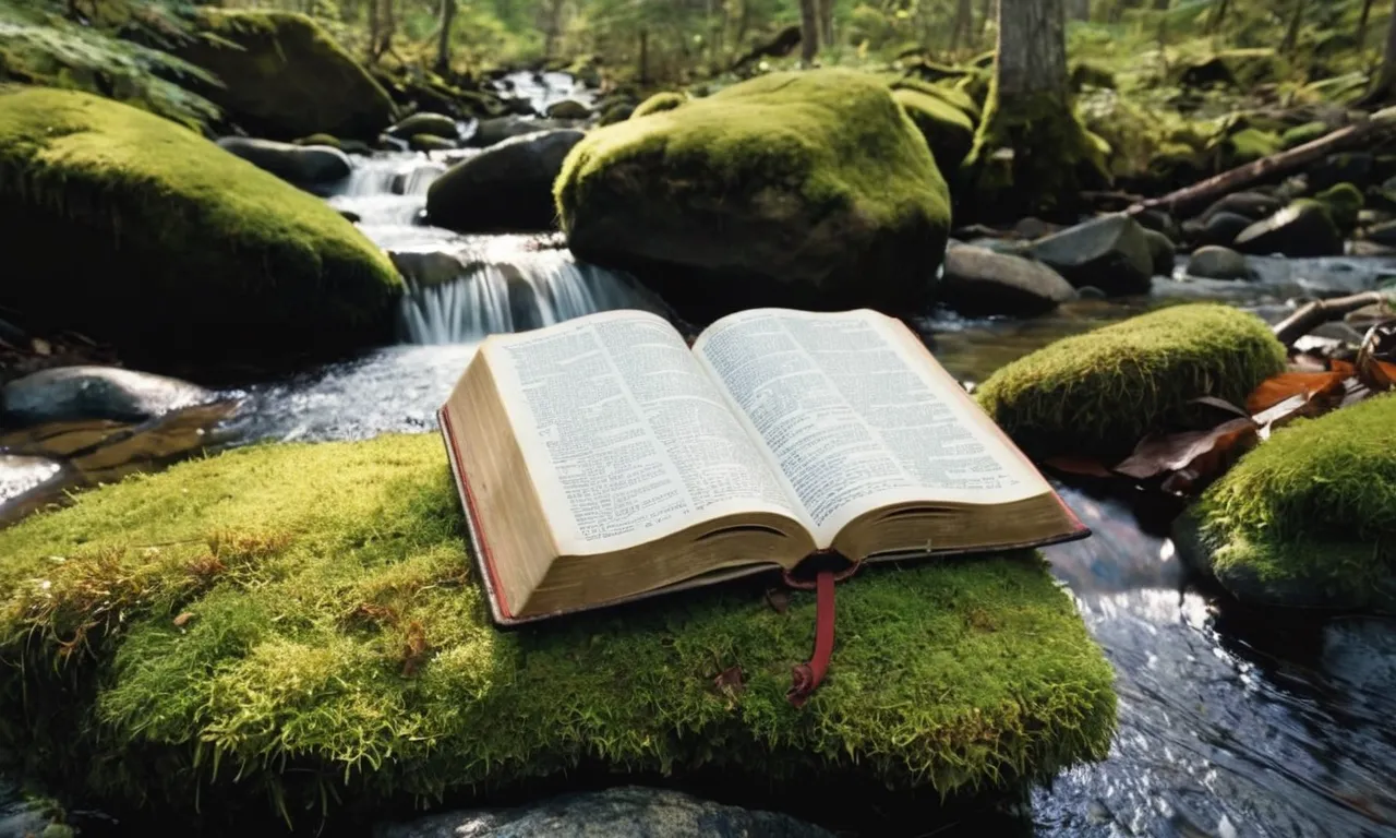 A photo of a worn, open Bible resting on a moss-covered rock at the edge of a tranquil forest stream, symbolizing the journey to find spiritual guidance and discover the profound message of the Bible.