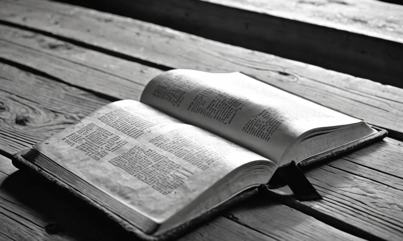 A black and white image depicts an open Bible lying on a weathered wooden table, surrounded by a dimly lit room, symbolizing the timeless and overarching story of redemption and purpose found within its pages.
