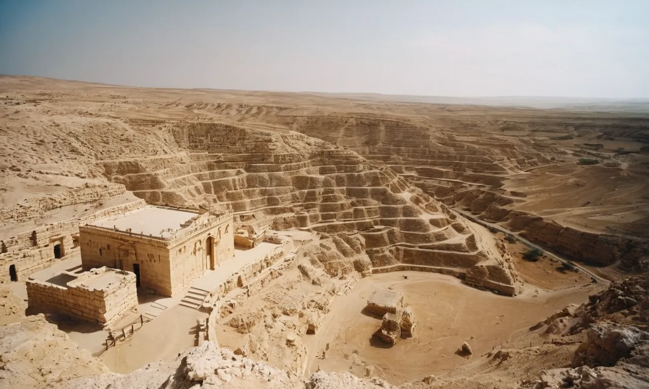 A captivating photo of the Negev in the Bible showcases its vast, arid landscapes, reminiscent of biblical times, with ancient ruins and dramatic rock formations as a testimony to its rich historical significance.