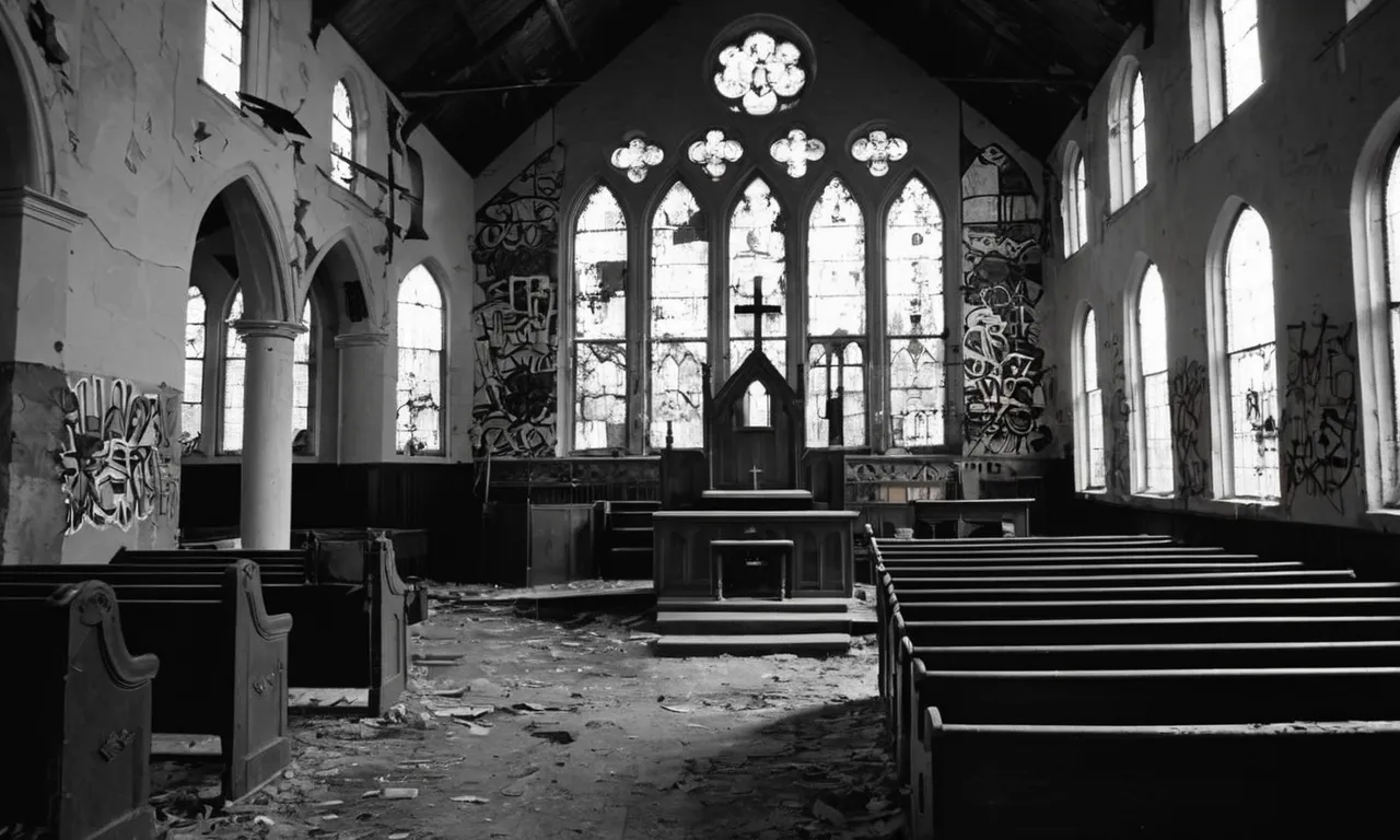 A black and white photograph of a desolate, abandoned church, its crumbling walls covered in graffiti and broken stained glass windows, symbolizing the absence of divinity and the opposite of god.