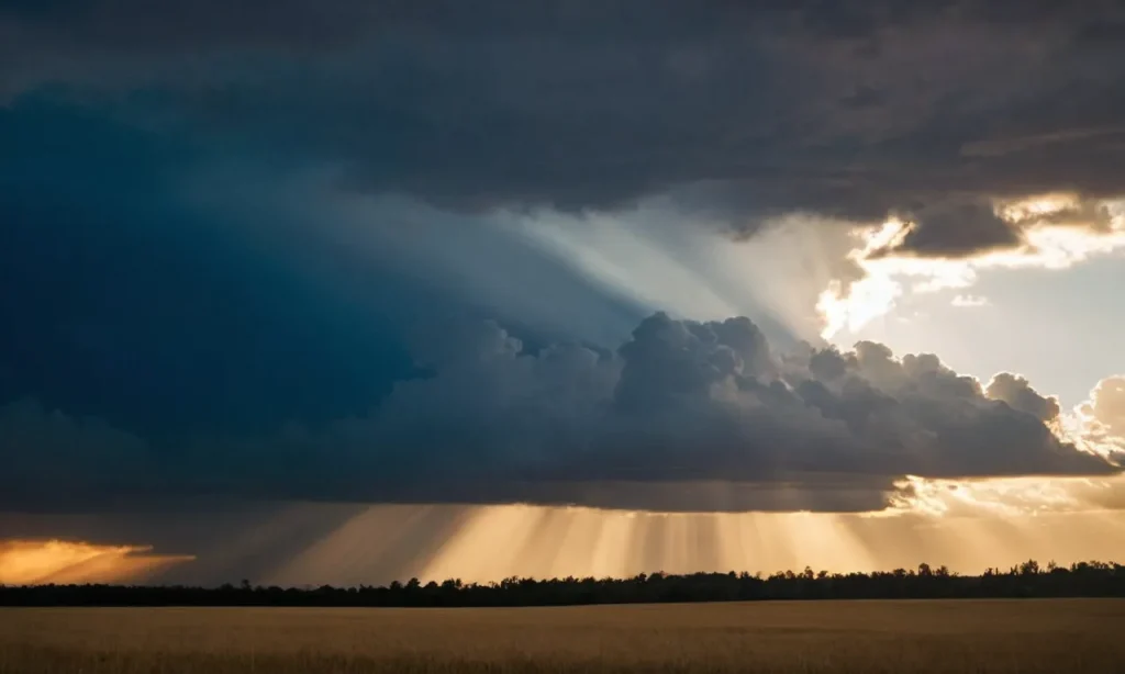 A photo capturing a serene sunset with rays of light piercing through dark clouds, symbolizing God's permissive will guiding us through challenging times.