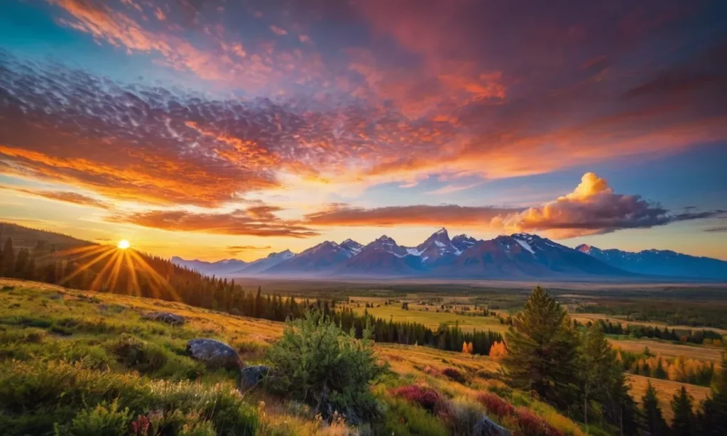 A breathtaking photo captures a radiant sunrise, casting vibrant hues across a majestic landscape, evoking the awe-inspiring power of God's creation.