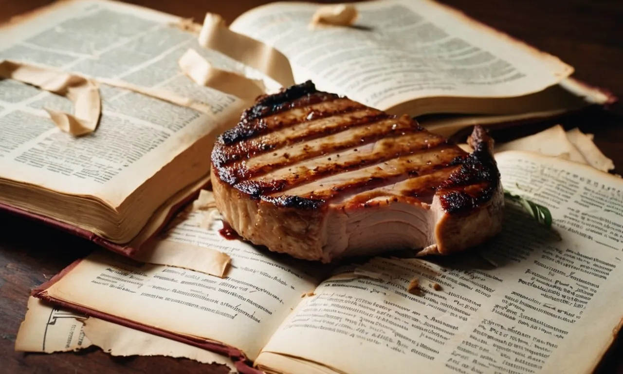 A close-up photo of a discarded pork chop lying on a plate, surrounded by torn pages of the Torah, symbolizing the punishment for eating pork in Judaism.