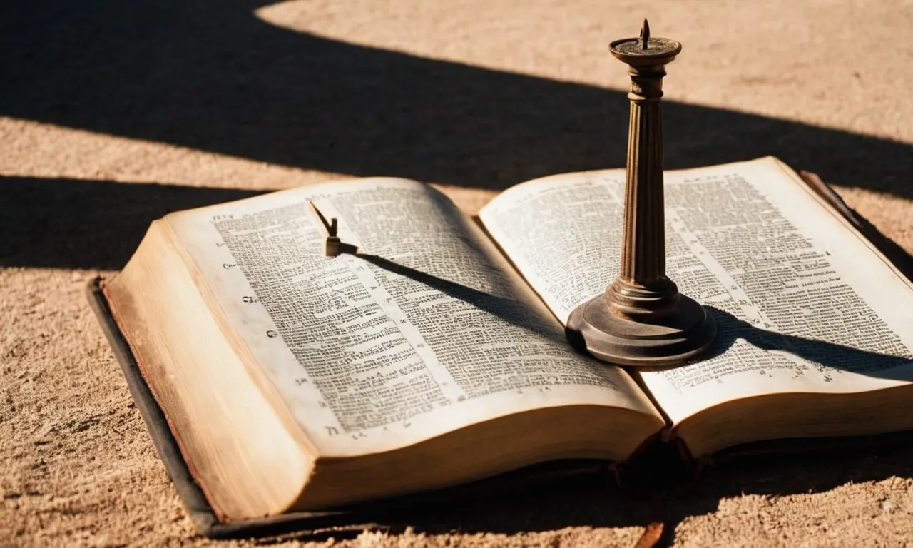 A photo of an ancient sundial casting a shadow on a Bible, with the shadow pointing towards the number six, represents the concept of the sixth hour in the Bible.