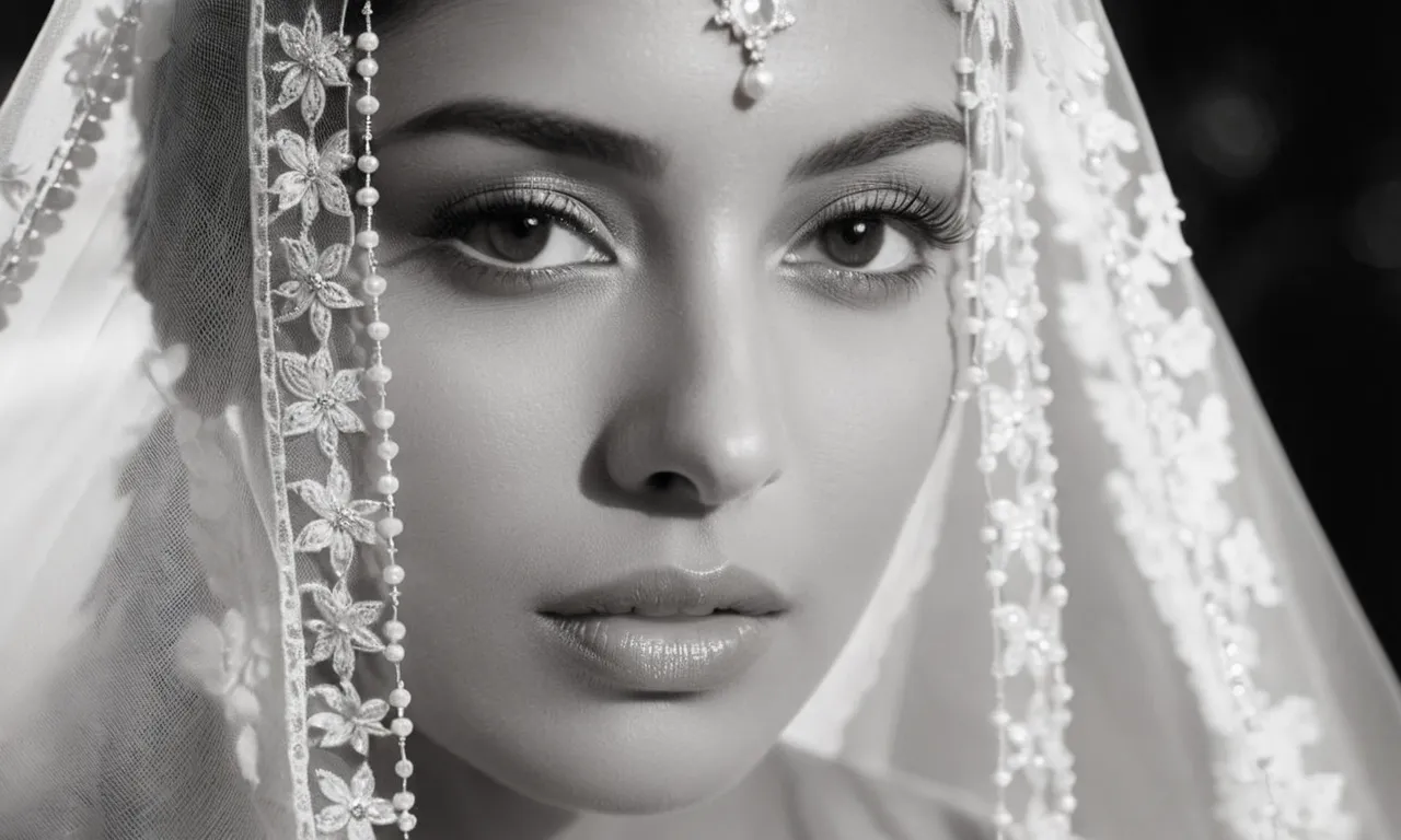 A black and white photograph capturing a delicate bride, her face partially hidden behind a sheer veil, symbolizing the biblical concept of the veil as a symbol of purity and reverence.