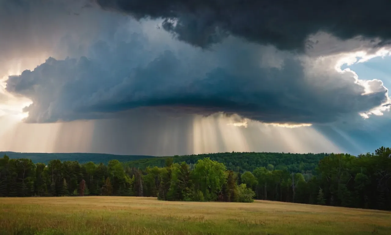 A captivating photo captures rays of sunlight piercing through storm clouds, illuminating a serene landscape, symbolizing the wisdom of God guiding through life's darkest moments.