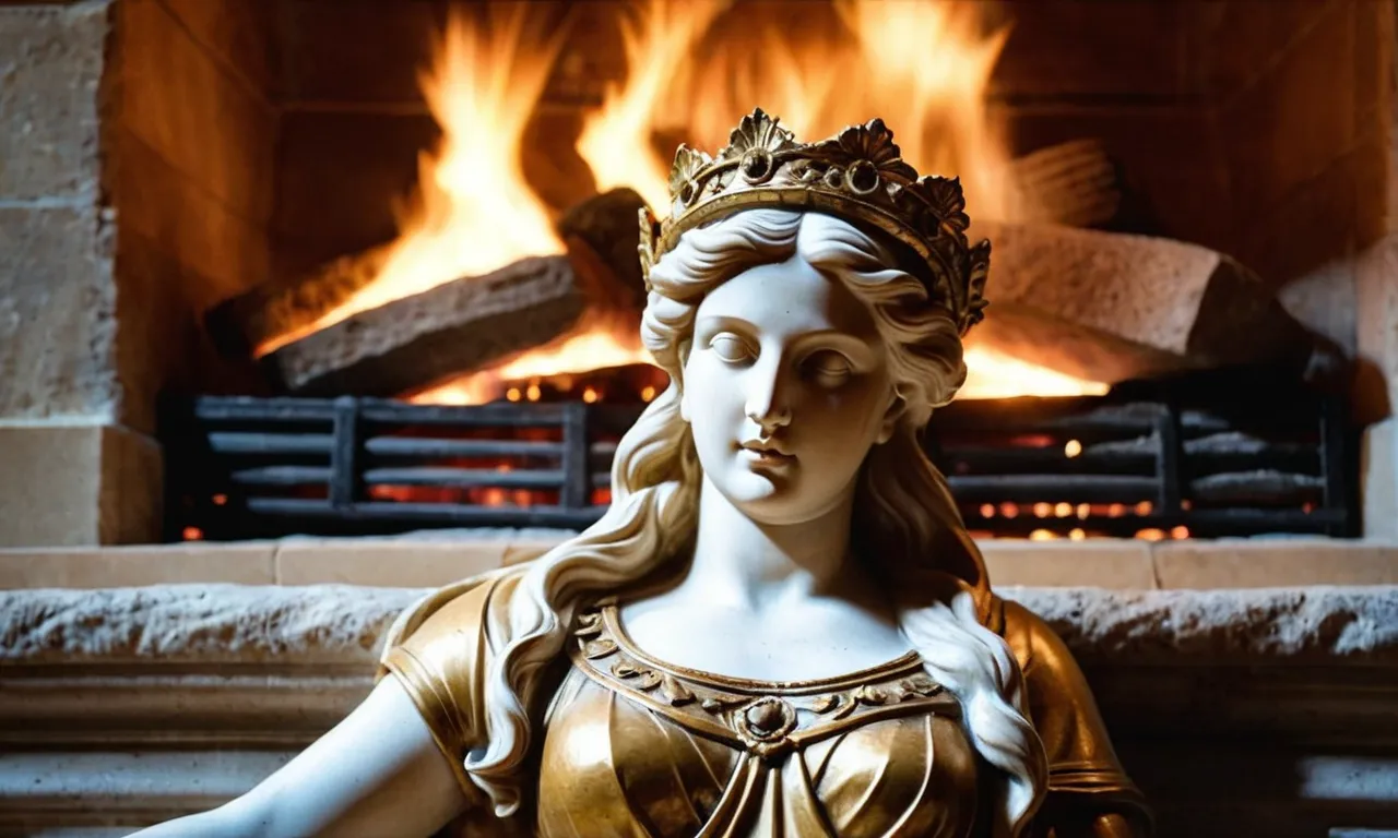 A close-up photo showcasing a weathered stone statue of Vesta, the goddess of the hearth, emanating a warm glow from within a grand fireplace, symbolizing her divine presence and protective role.