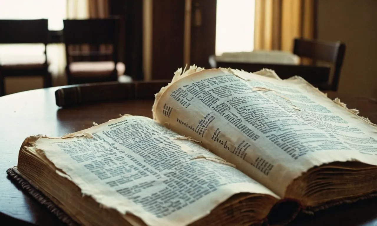 A photograph capturing a worn-out HCSB Bible, its pages torn and frayed, symbolizing the imperfections and criticisms surrounding the translation, questioning its integrity and accuracy.