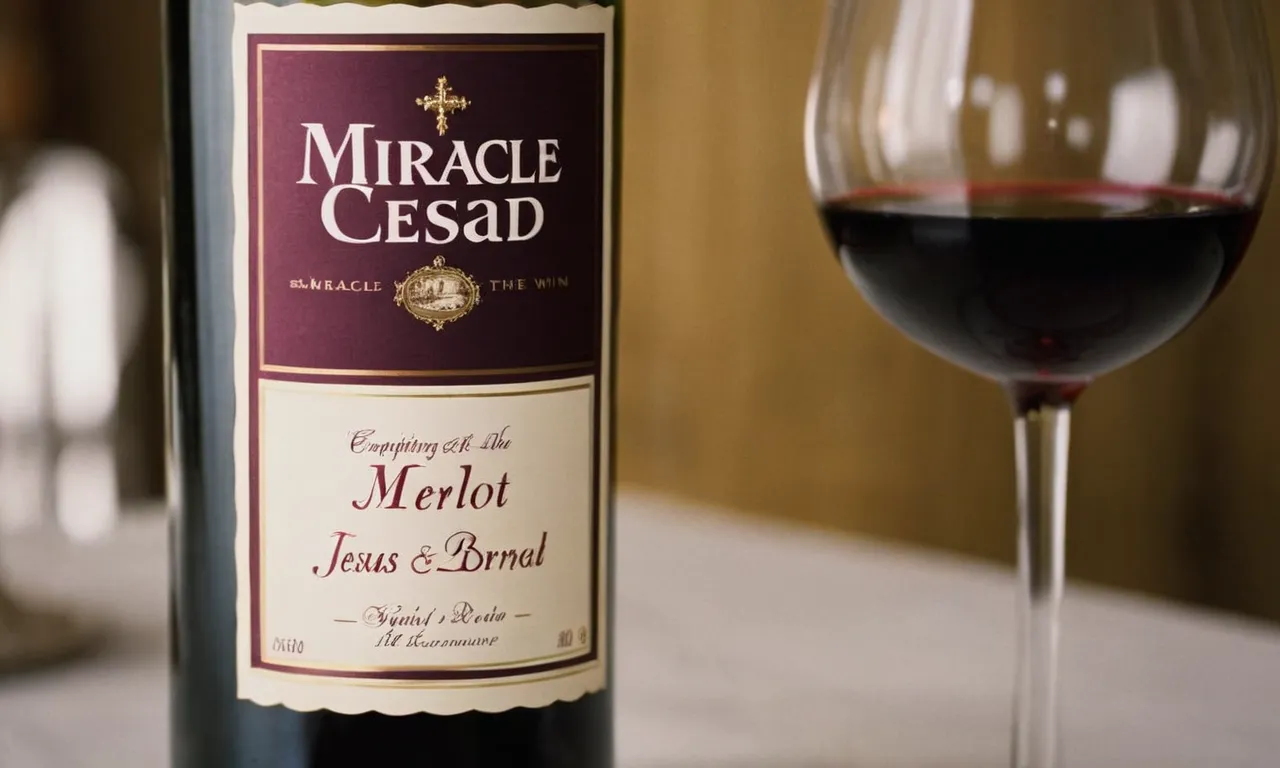 A close-up shot capturing a vintage wine bottle with a label that reads "Miracle Merlot," symbolizing the wine Jesus turned water into at the wedding in Cana.