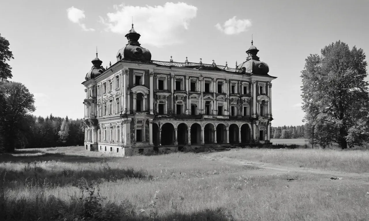 A black and white photograph of a crumbling palace, symbolizing the decay and neglect that contributed to the decline of the Russian Empire during the period from 1450 to 1750.
