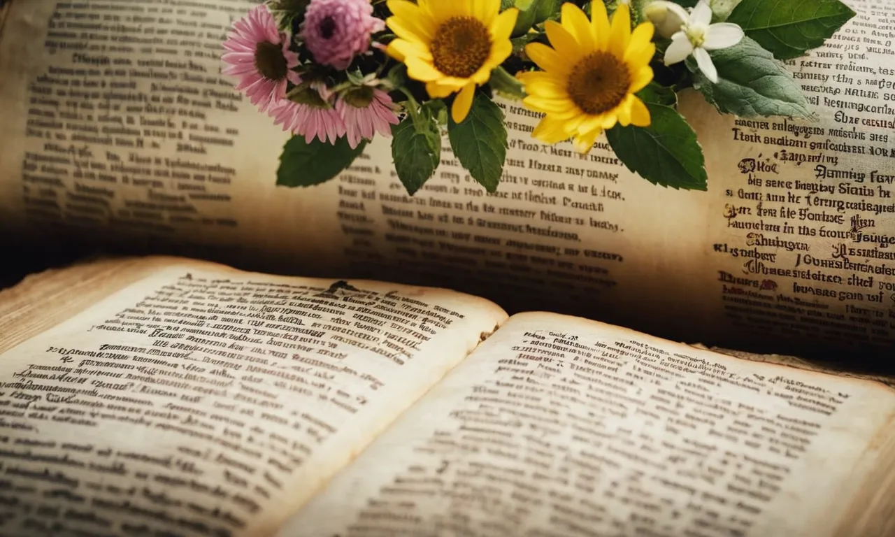 A close-up image capturing a worn, weathered page from a Bible, highlighting the verse mentioning Nisan, surrounded by delicate flowers symbolizing the arrival of spring.