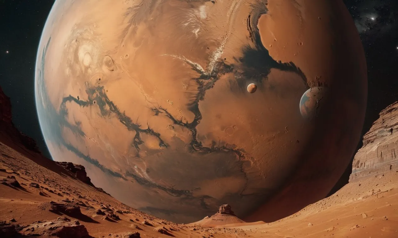 A captivating image showcasing the vibrant red and orange hues of Mars, the planet named after the Roman god of commerce, travel, and thievery, fills the frame, capturing the essence of its enigmatic beauty.