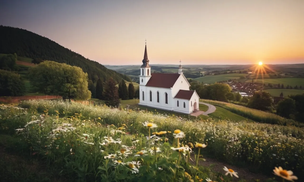 A radiant sunrise over a serene landscape, casting a golden glow upon a peaceful church nestled amidst blooming flowers, evoking a sense of divine beauty and tranquility that pleases God.