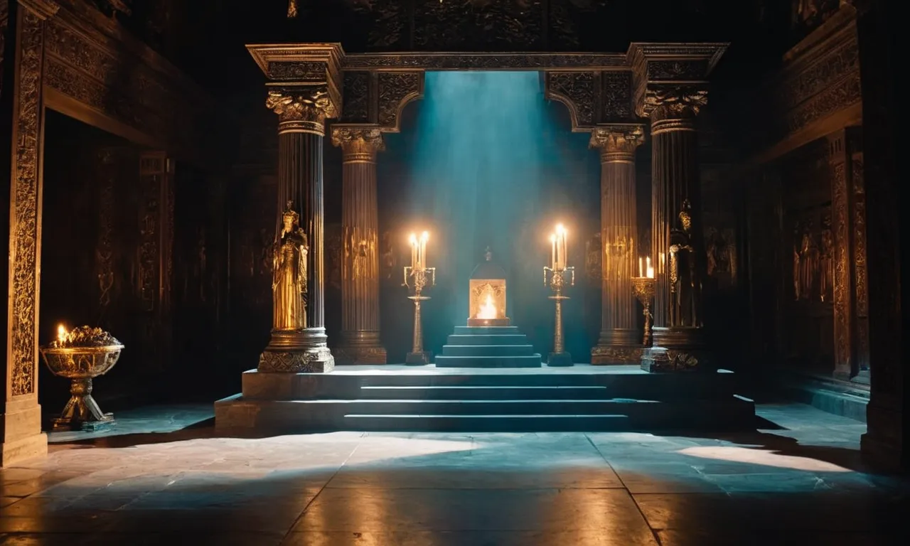A darkened chamber reveals an ethereal glow emanating from a forgotten altar, symbolizing the enigmatic presence of a powerful underworld deity.