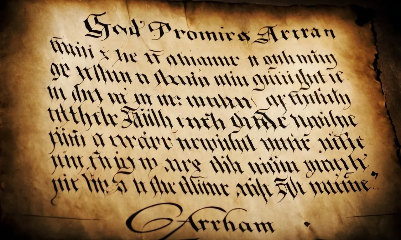 A close-up shot of an ancient parchment displaying the words "God's Promises to Abraham" written in elegant calligraphy, symbolizing the divine covenant and faith.