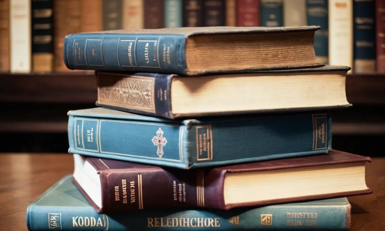 A photo of a stack of books, with the Bible prominently placed on top, surrounded by a variety of reading level indicators, symbolizing the diverse comprehension levels required to understand its content.