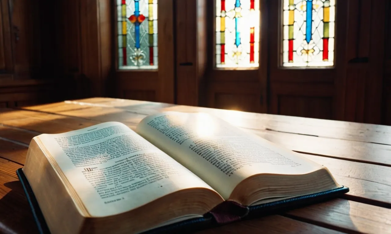 A close-up shot of a Bible resting on a wooden table, surrounded by a soft glow of sunlight streaming through a stained glass window, capturing the essence of tranquility and spirituality.