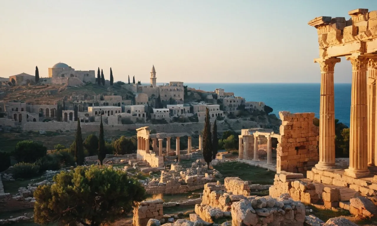 A photograph capturing the fading light of the day, overlooking the ruins of ancient cities in the Eastern Mediterranean - symbolic of the territories gained and lost by the Byzantine Empire after 330 CE.
