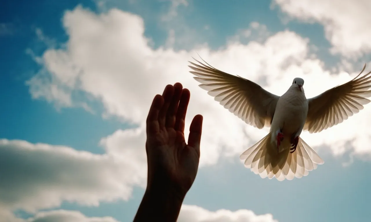 A close-up of two hands releasing a dove into the sky, symbolizing forgiveness and letting go, capturing the essence of what the Bible teaches about these concepts.