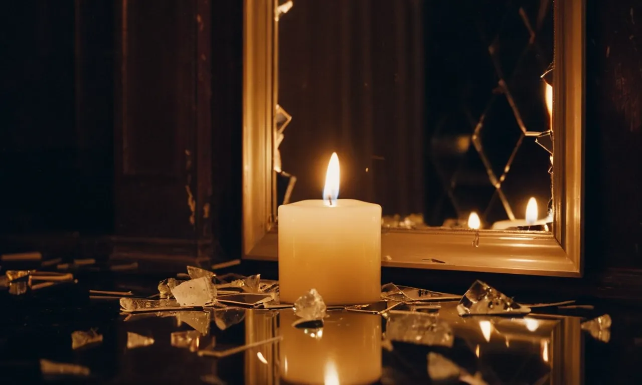 A photo capturing a burning candle surrounded by shattered mirrors, symbolizing the destructive nature of lies and the truth's ability to illuminate even the darkest corners of deception.