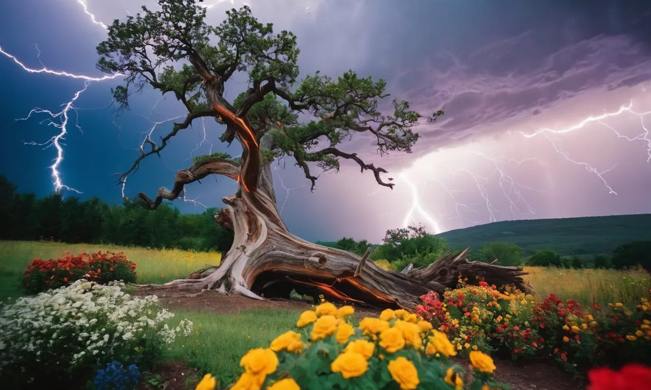 A captivating photo showcasing a broken, twisted tree struck by lightning, yet beautifully surrounded by vibrant flowers, symbolizing God's ability to transform adversity into remarkable beauty.