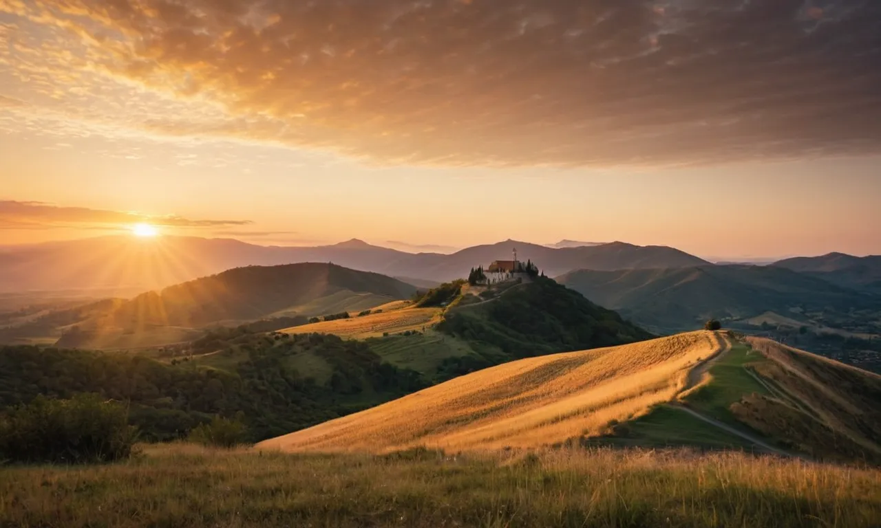 A serene image of a glowing sunrise, casting a golden hue over a distant hill, symbolizing the awakening of Jesus at dawn.