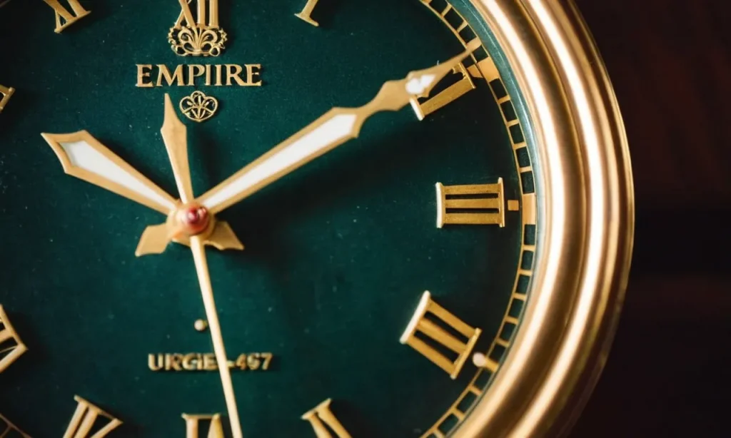 A close-up shot of a vintage clock face, the hands nearing midnight, symbolizing the urgency of finding out "what time does empire close?"