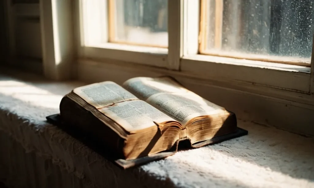 A photograph capturing a worn-out Bible resting on a windowsill, bathed in soft, ethereal light, symbolizing hope and the search for divine connection amidst moments of spiritual disconnection.